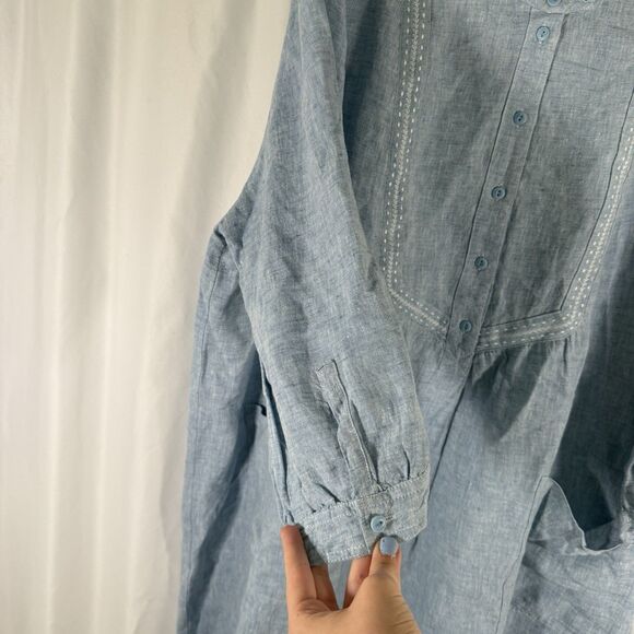 Potery 100% Linen Maxi Dress Womens 18 Blue Front Pockets Long Sleeve Round Neck - Picture 7 of 14